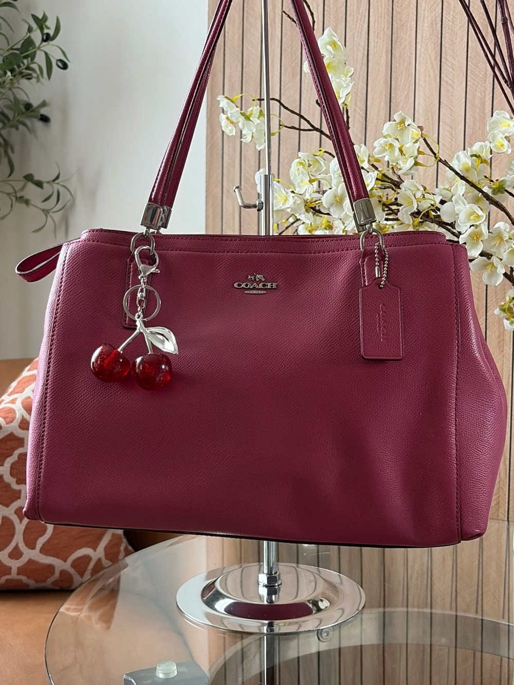 Coach Raspberry Pink Leather Shoulder Bag with Cherry Charm